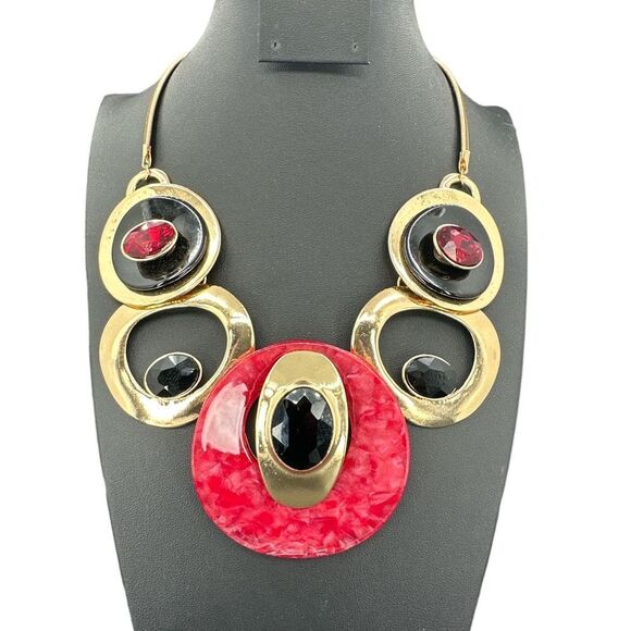 Fashion 21 Celluloid Acetate Oval Disc Glass Stone Metal Link Statement Necklace - Picture 1 of 10